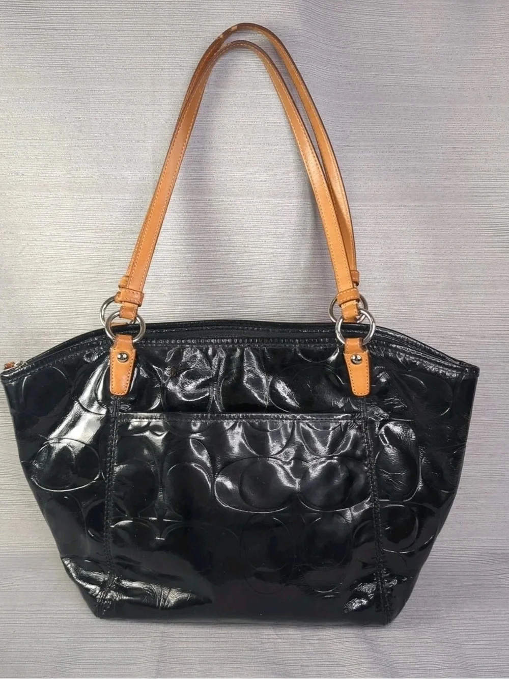 COACH Signature LEAH Black Embossed Patent Leather Logo SHOULDER TOTE BAG F14663